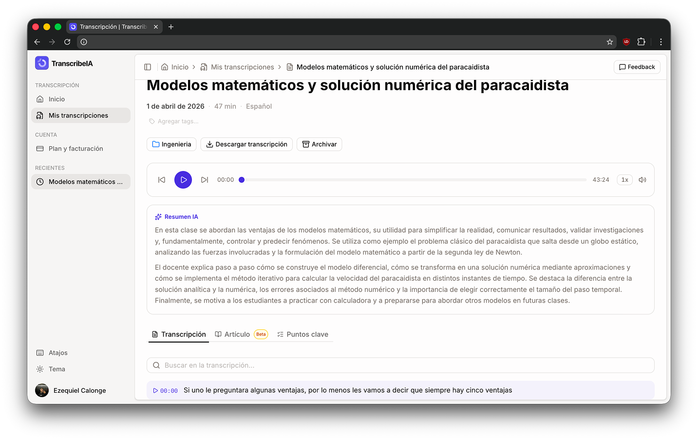 Vista de transcripción en TranscribeIA
